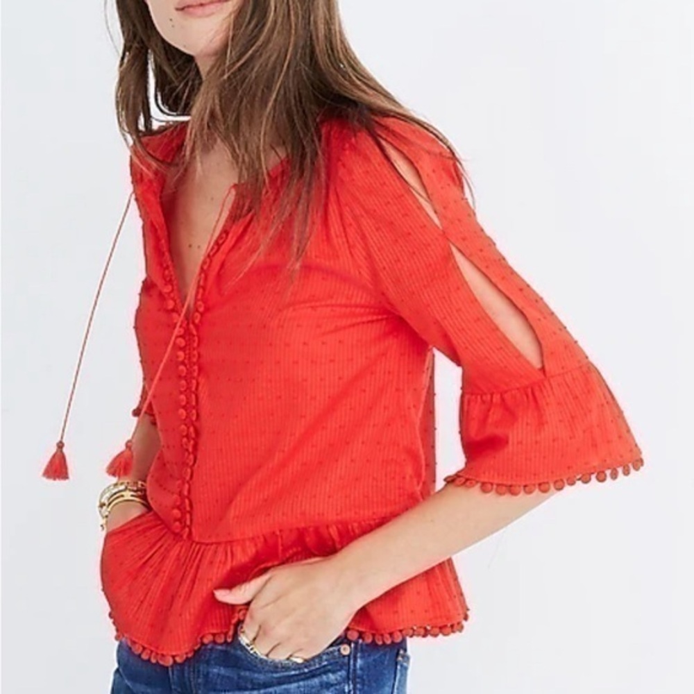 Madewell Coral Red Peplum Blouse with Pom Trim